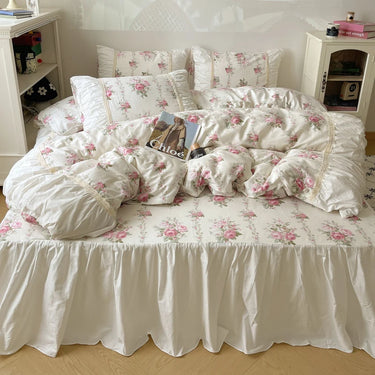 Rose Vintage French Pleated Floral Pastoral Duvet Cover Set, Cotton Bedding Set